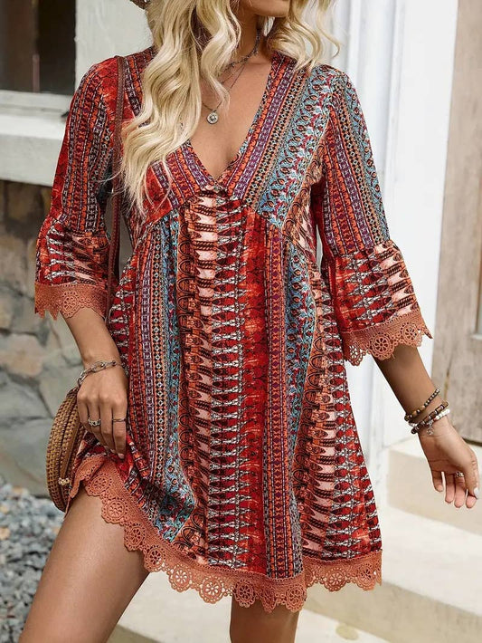 Bohemian Chic V-Neck Striped Print Lace Trim Dress
