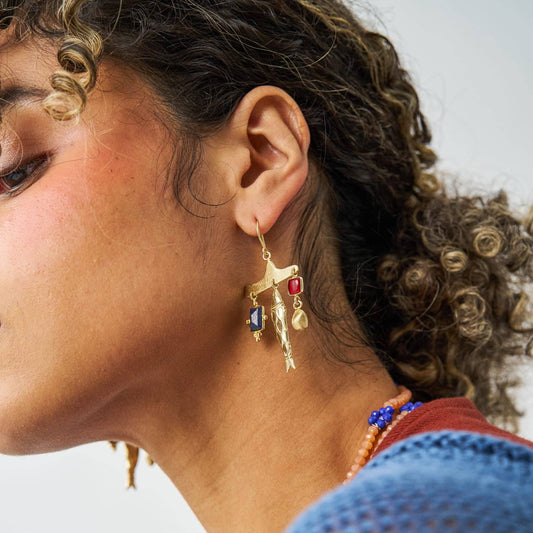 Sally Fish Glass + Lapis Stone Earrings Brass
