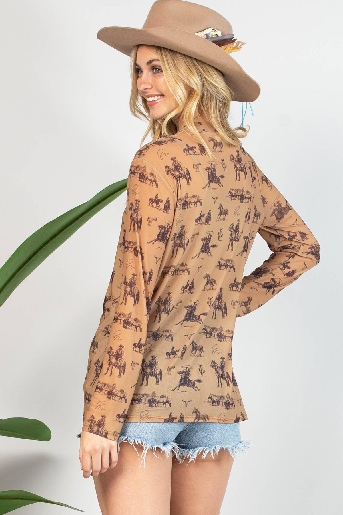 Isla Bucking Horses Print Semi Sheer Mesh Top
