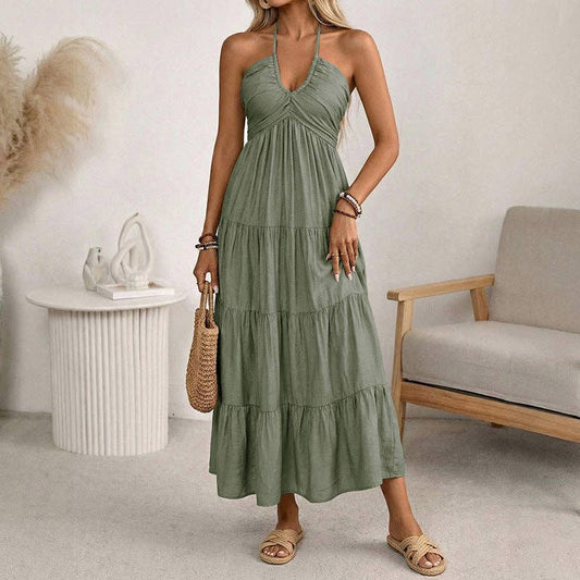 Women’s Halter V Neck Tiered Maxi Dress Backless