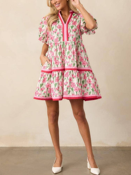 Blue wildflowers Floral V-neck mini dress A-line dress