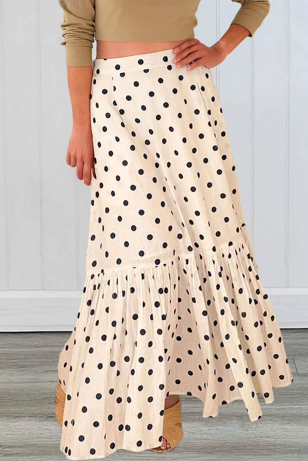 Polka Dot Ruffled Slit Maxi Skirt