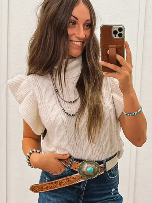 Cable Knit Turtleneck Sweater Ruffle Sleeve Casual Top