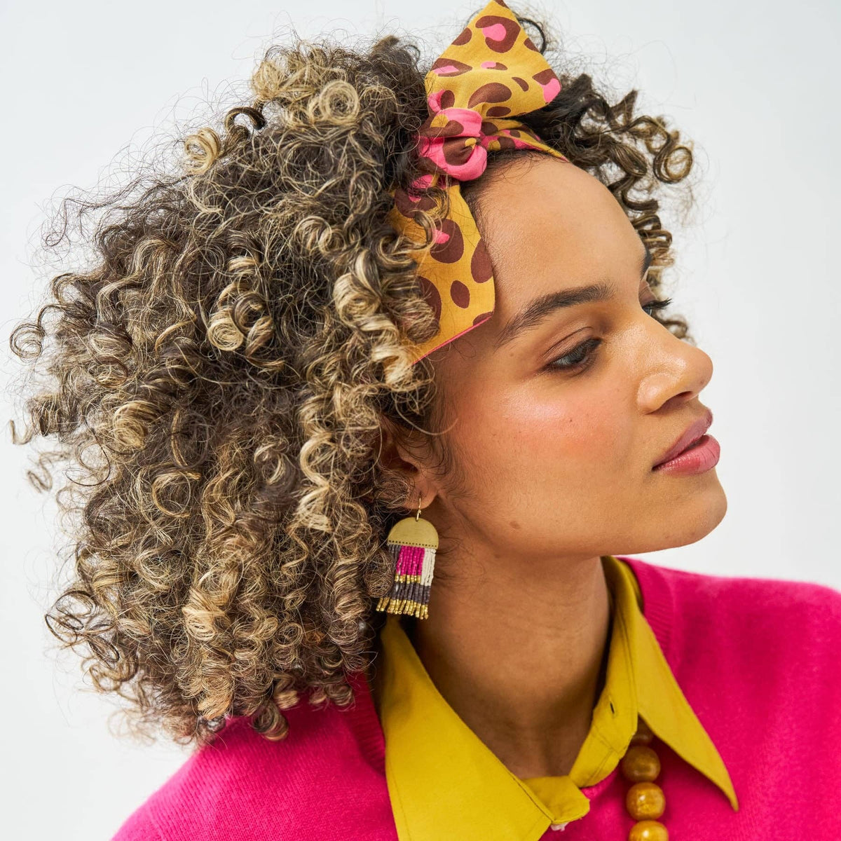 Birdie Geometric Beaded Fringe Earrings Pink, Brown, Ivory, + Gold