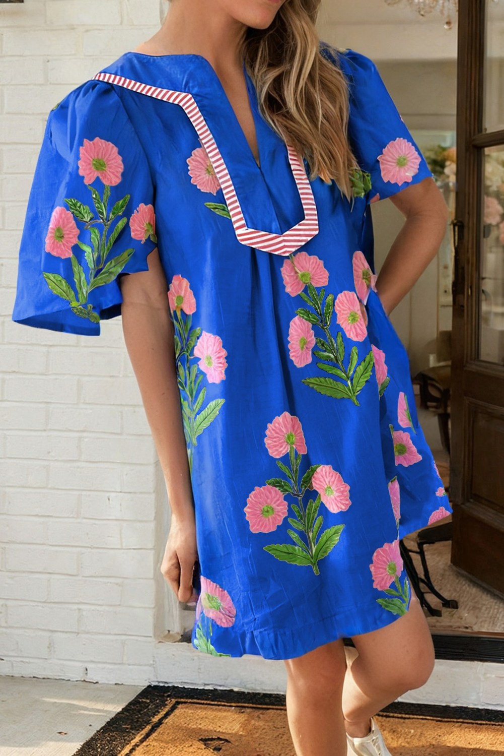 LAS Floral Short Sleeve Split Neck Loose Mini Dress (S-XL)