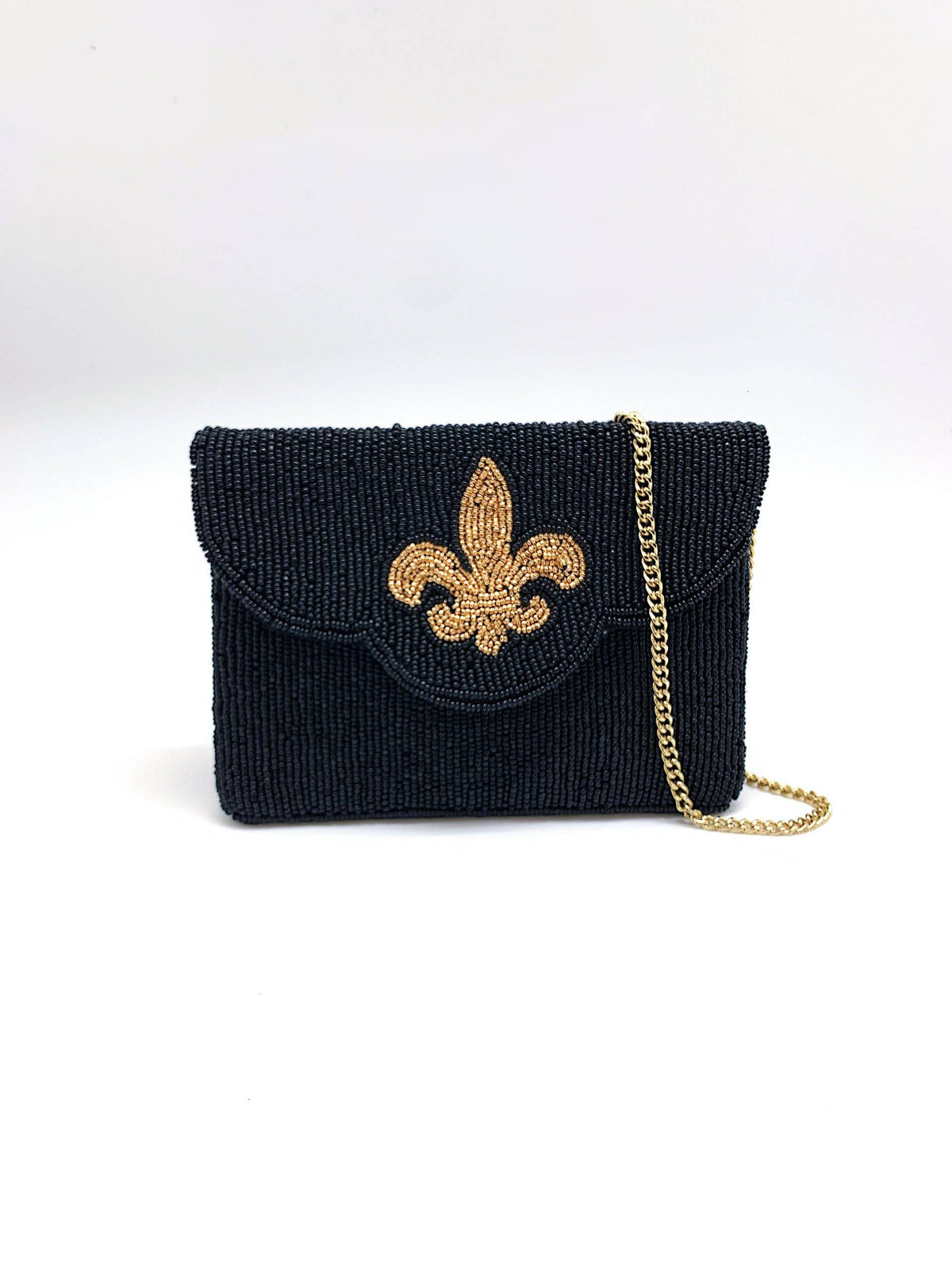 BLACK BEADED MINI CLUTCH WITH GOLD FLEUR DE LIS
