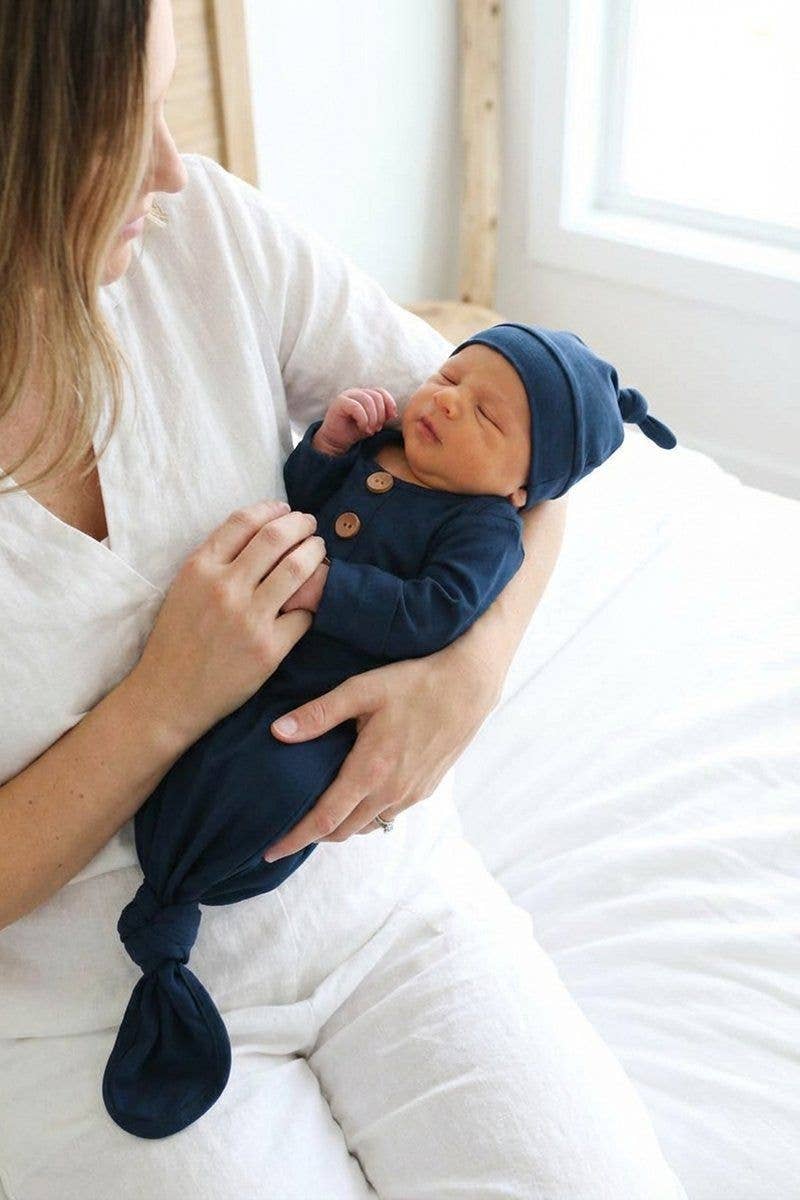 Solid Dark Navy Bamboo Baby Knot Gown & Hat