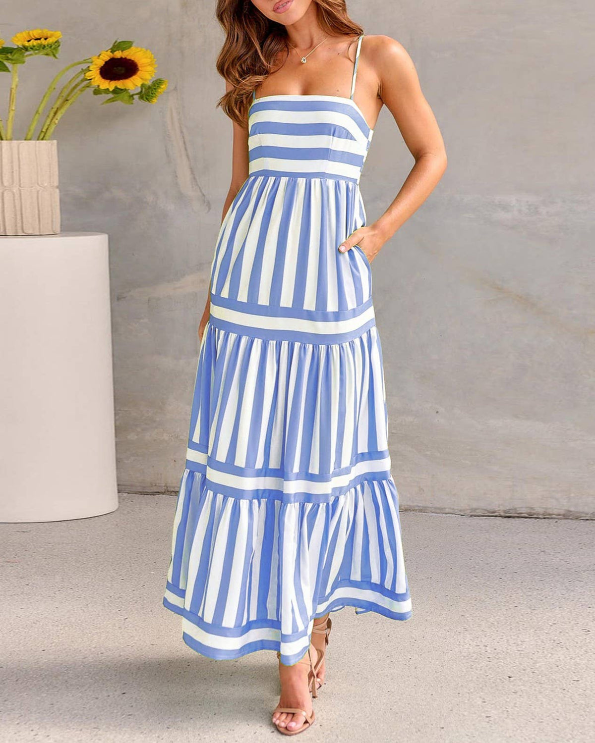 Horizontal and Vertical Stripe Print Slip Backless Dress