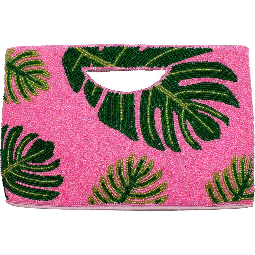 HOT PINK PALM LEAF BEADED HAND BAG