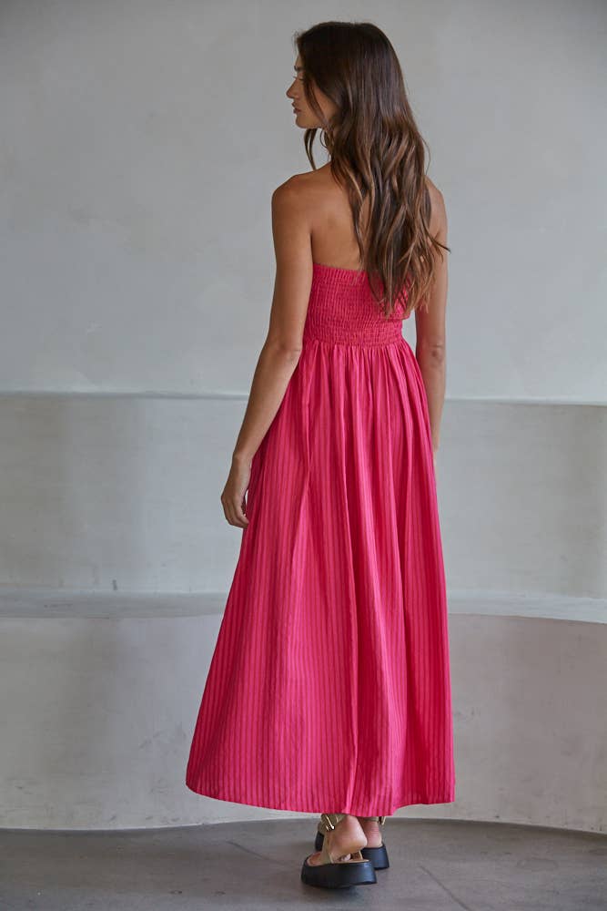 Striped Tube Neck Strapless Flare Maxi Dress