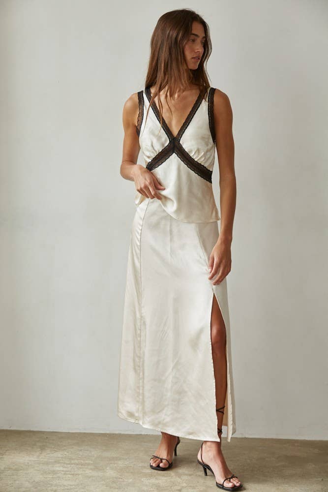 Woven Satin Contrast Lace Trim Detail Sleeveless Top