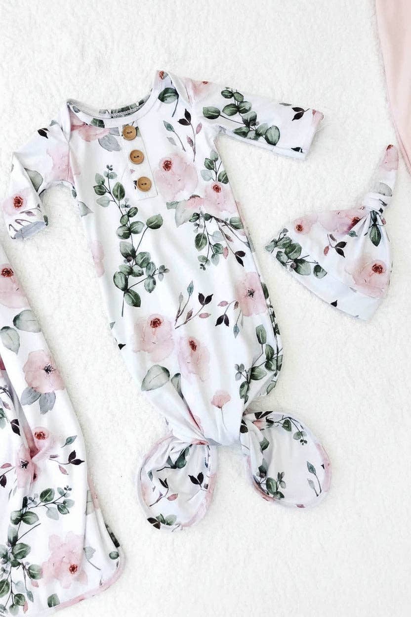 Millie's Dusty Rose Garden Newborn Baby Knot Gown & Hat Set
