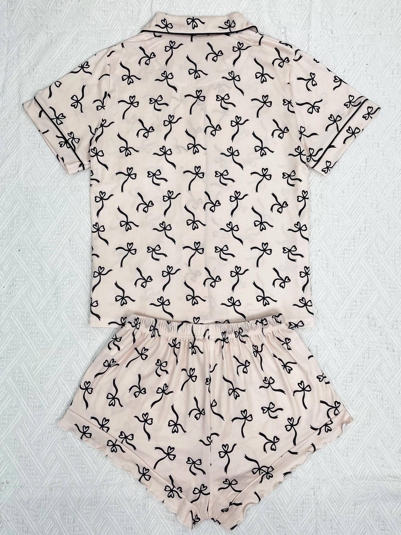 Bow Printed Basic Short-Sleeve Shorts Pajama Set