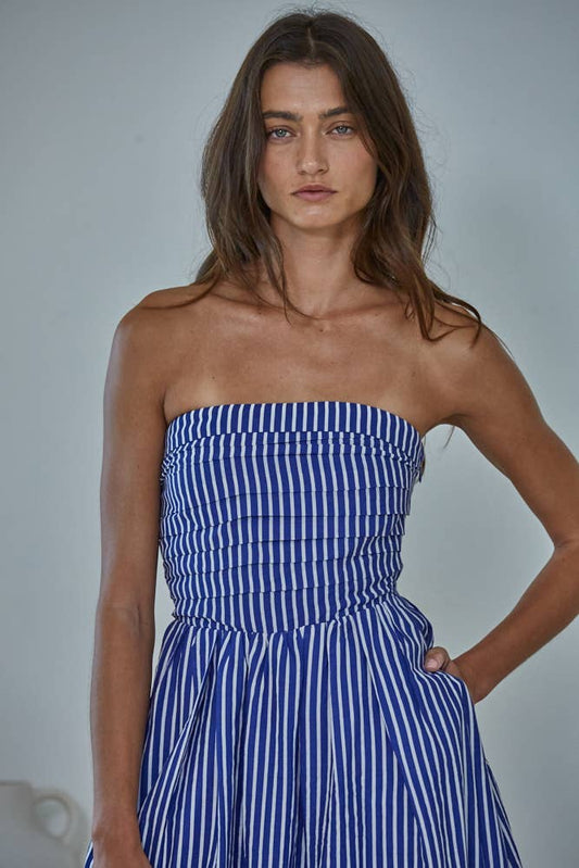 Striped Tube Neck Strapless Flare Maxi Dress