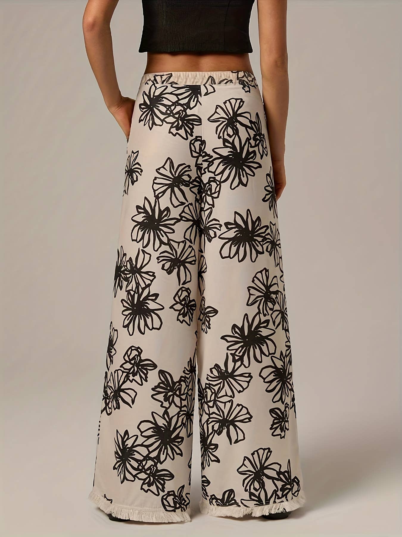 Vacay Boho Black Floral Print Fringe Hem Pants