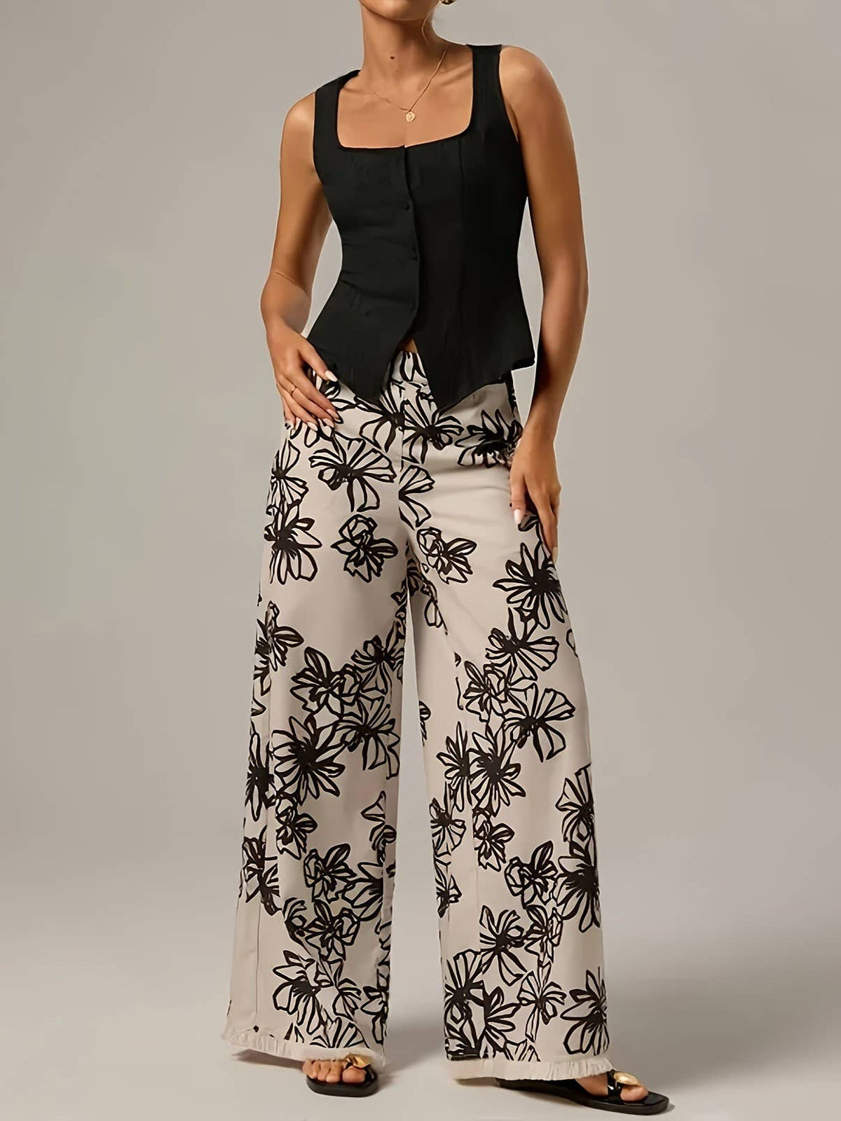 Vacay Boho Black Floral Print Fringe Hem Pants