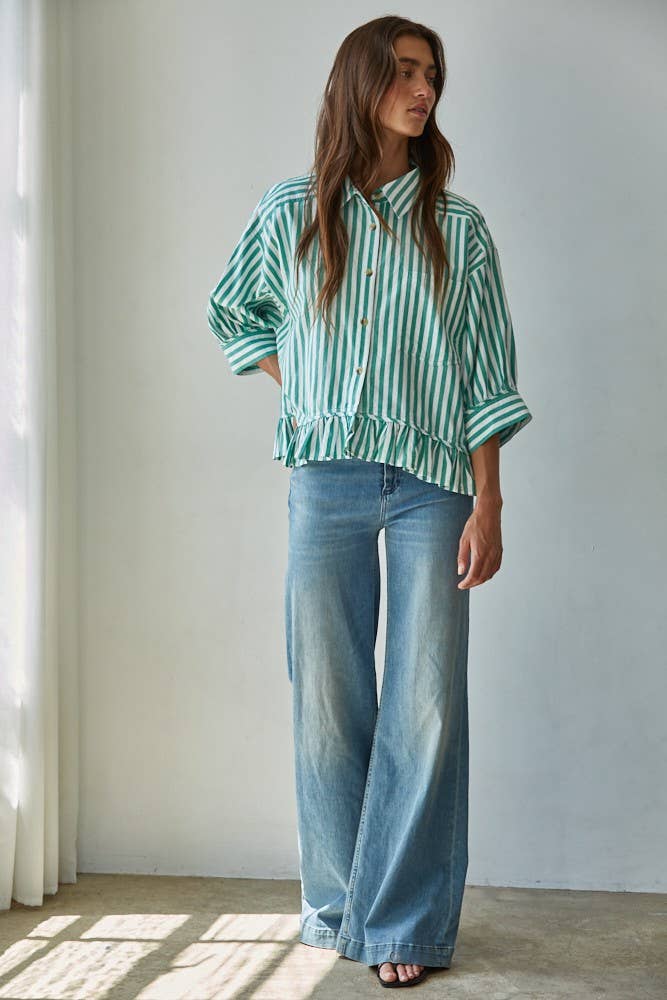 Woven Cotton Striped Button Down Shirt Top