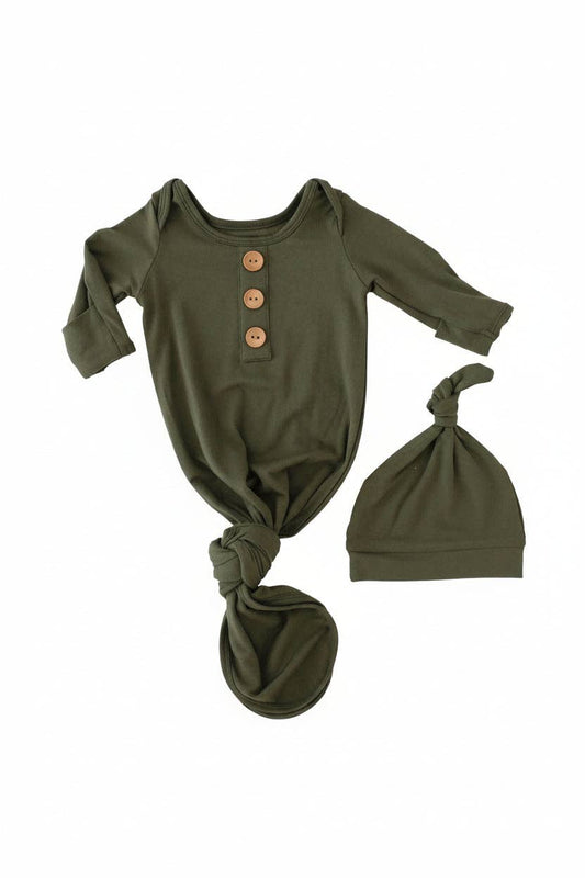 Solid Olive Bamboo Baby Knot Gown & Hat