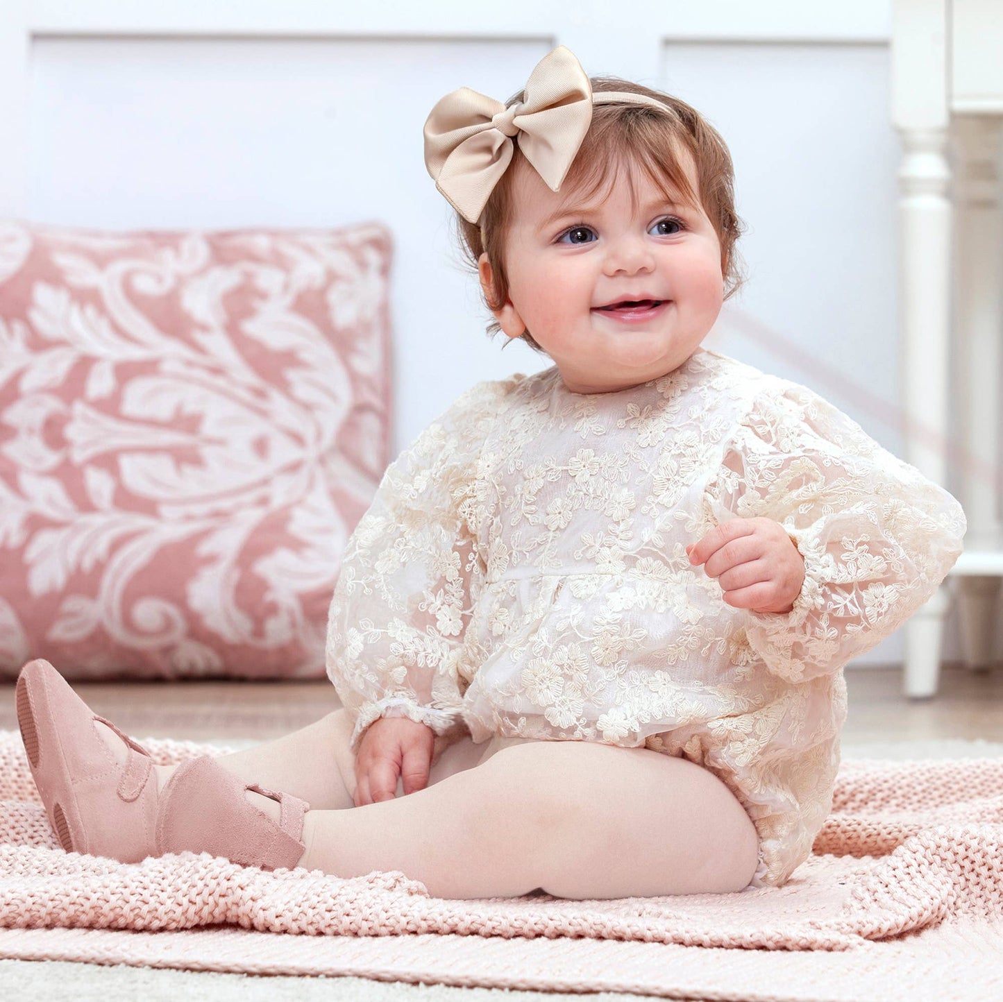 Ivory Lace Baby Romper –Embroidered Organza Special Occasion