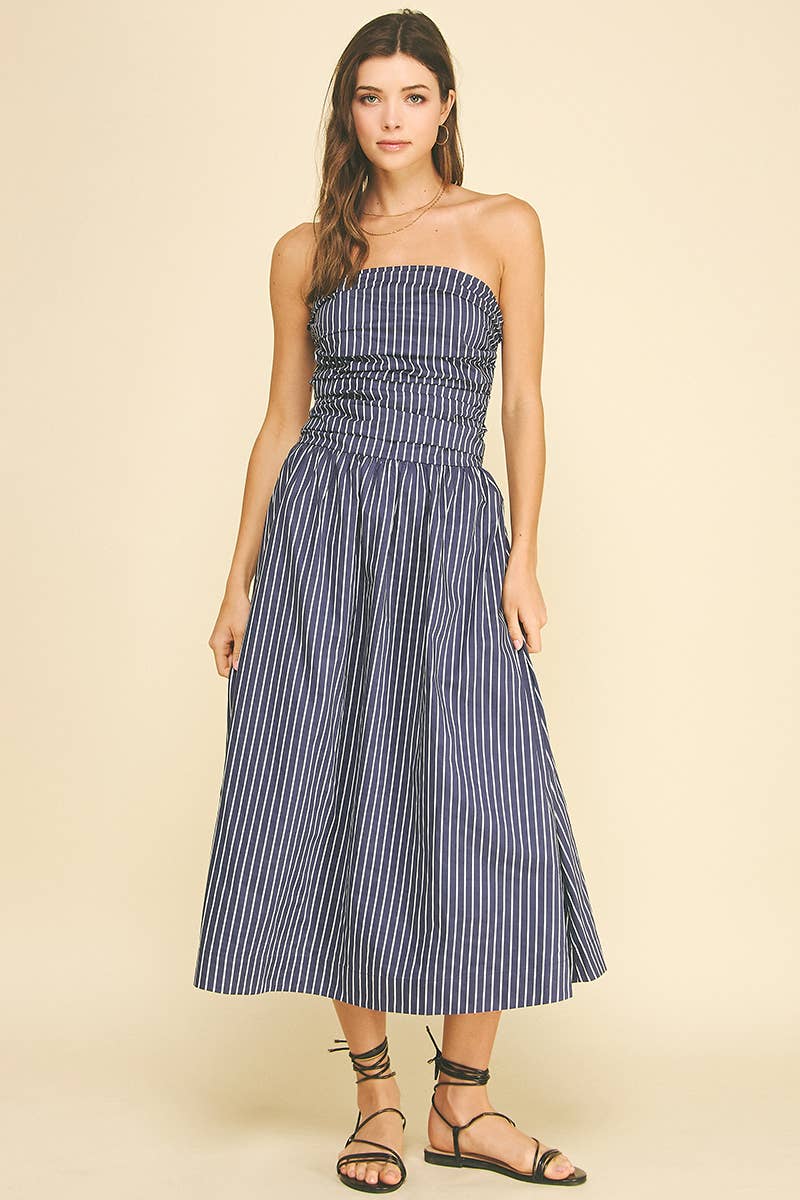 Striped Smocked Tube Midi Dress
