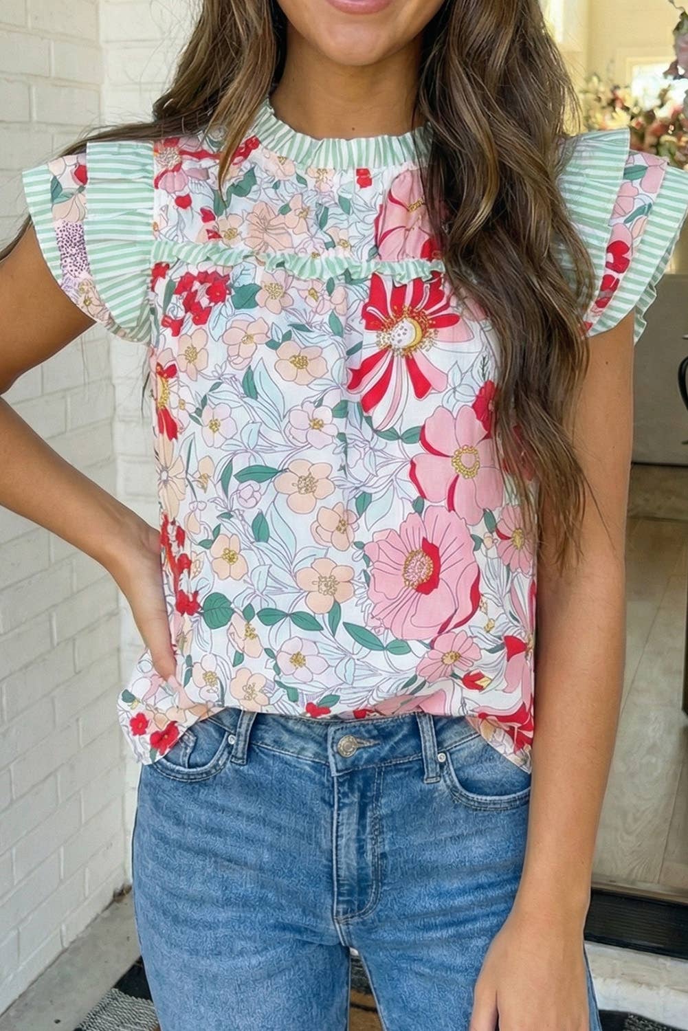 Floral Print Contrast Ruffle Trim Blouse