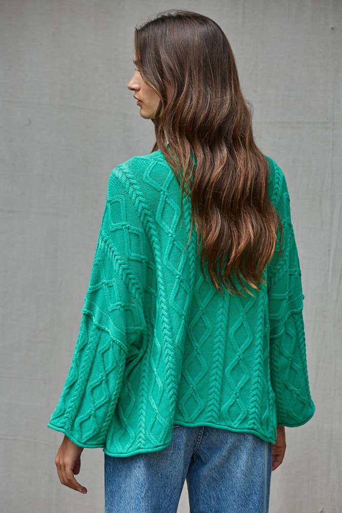 Knit Cable Sweater Cotton 3/4 Sleeve Pullover