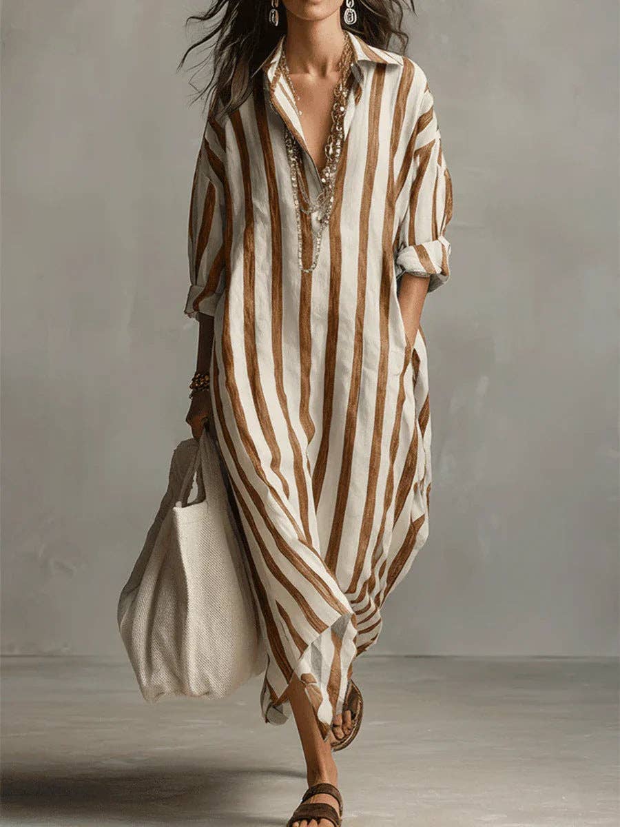 Fashionable Striped V-Neck Shirt Dress Casual Style
