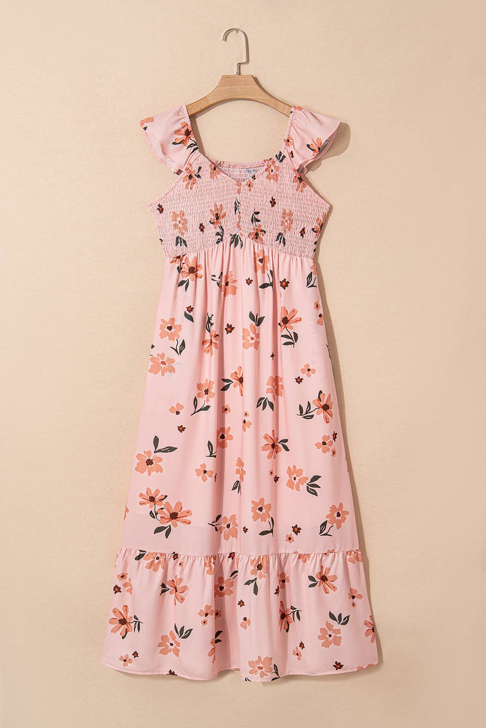 Floral Smocked High Waist Ruffle Hem Long Dress