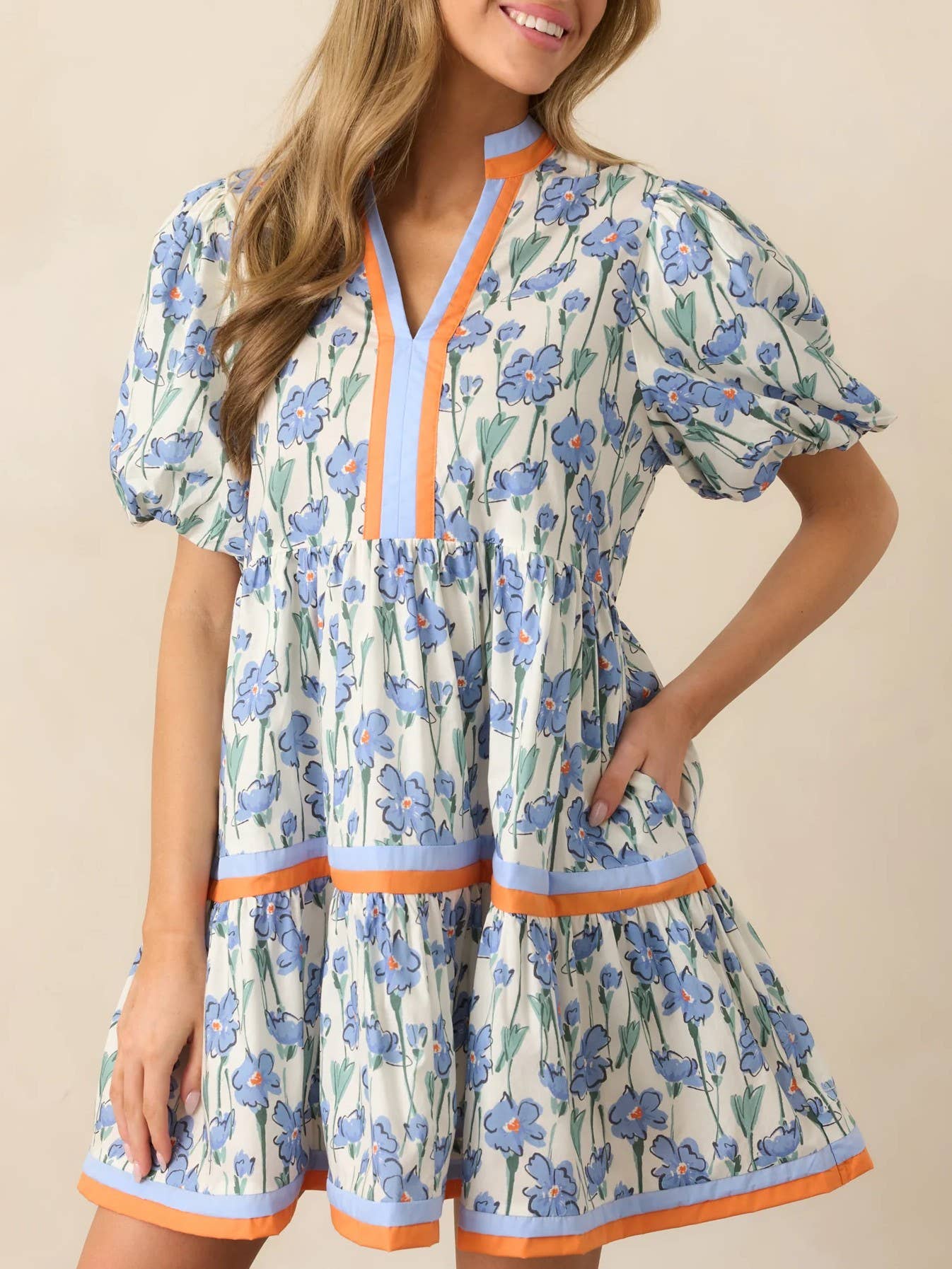 Blue wildflowers Floral V-neck mini dress A-line dress