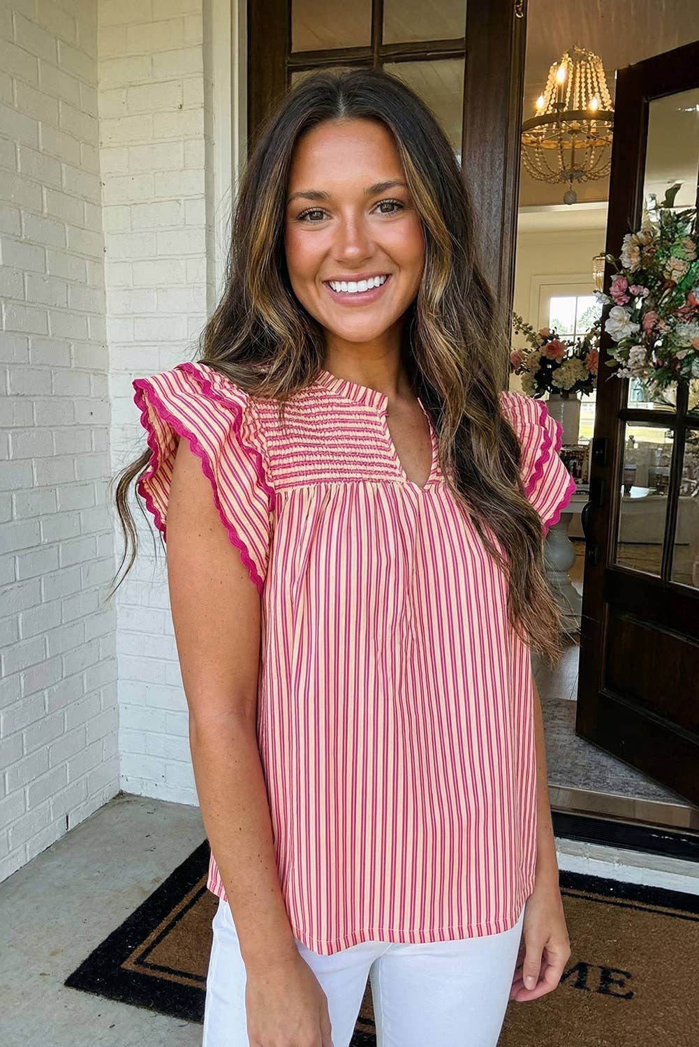 Stripe Shirred Yoke Ruffled Short Sleeve Blouse