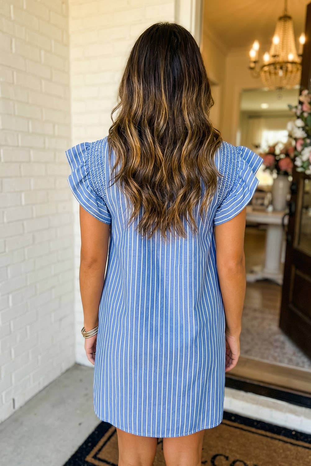 Stripe Frilly Shirred Ruffle Shift Dress