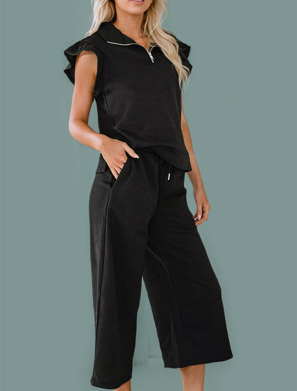 Black Textured Flutter Sleeve Top Wide Leg Pants Set