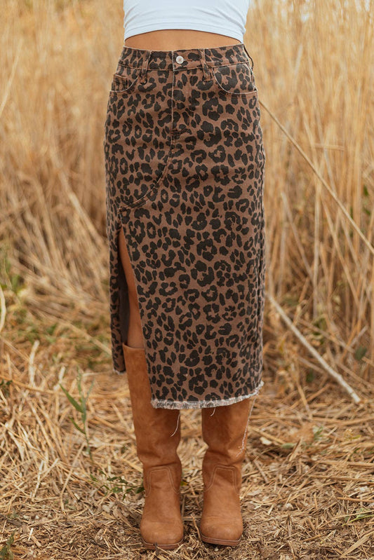 Brown Leopard Denim Frayed Split Denim Midi Skirt