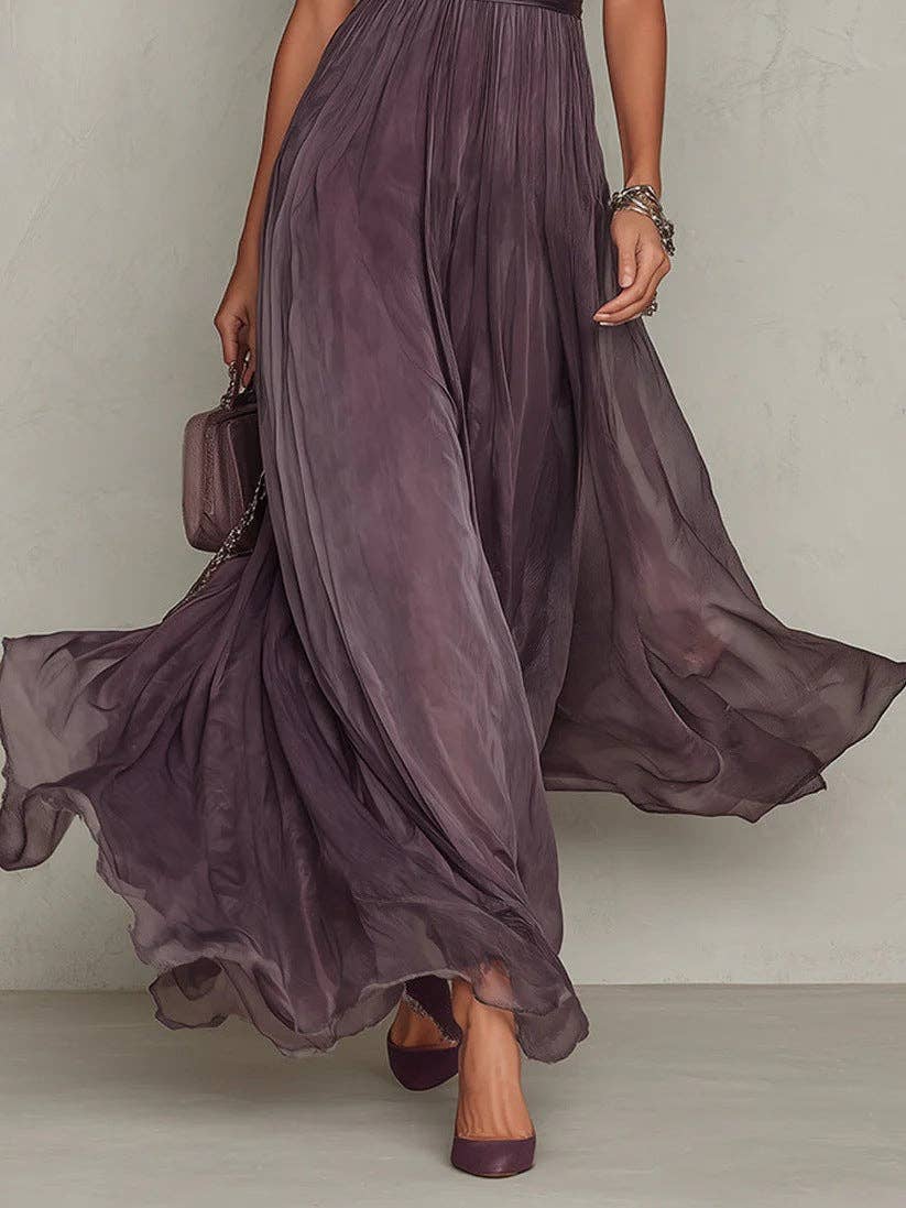 French Purple Lace Midi Dress with Puff Sleeves