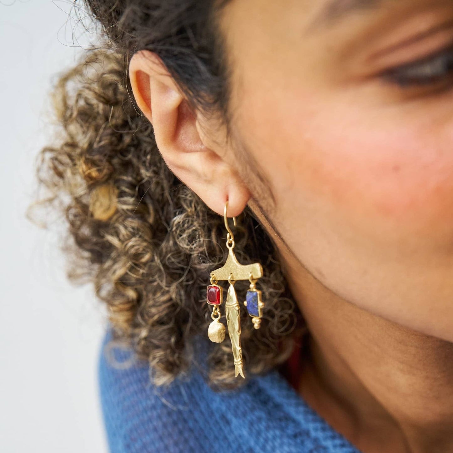 Sally Fish Glass + Lapis Stone Earrings Brass