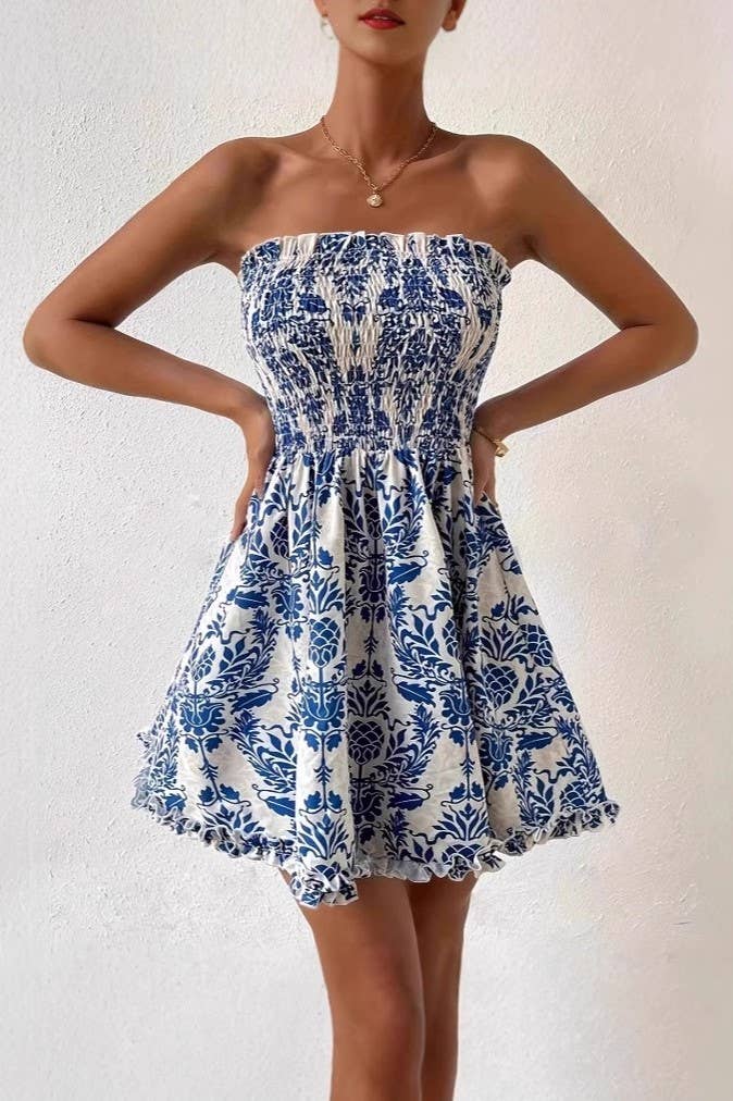 Vacation Paisley Floral Smocked Strapless Dress