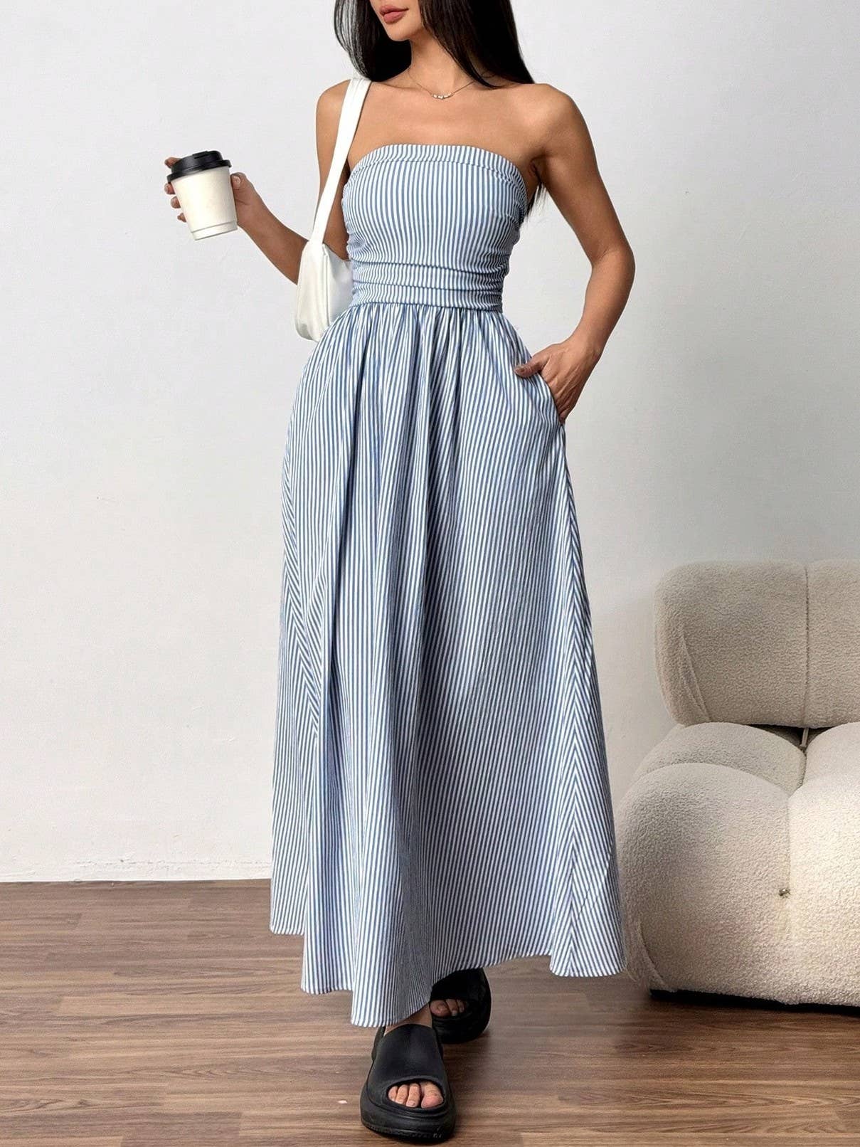 Effortless Vibe Pinstripe Strapless A-Line Skirt Maxi Dress
