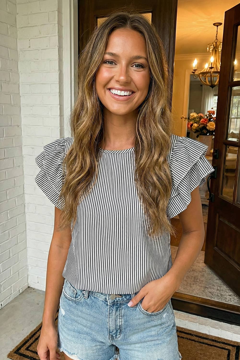 Stripe Flutter Sleeve Round Neck Blouse