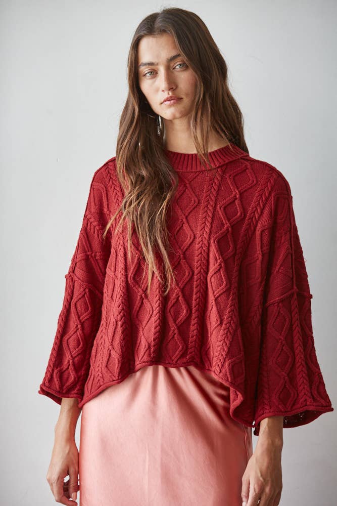 Knit Cable Sweater Cotton 3/4 Sleeve Pullover