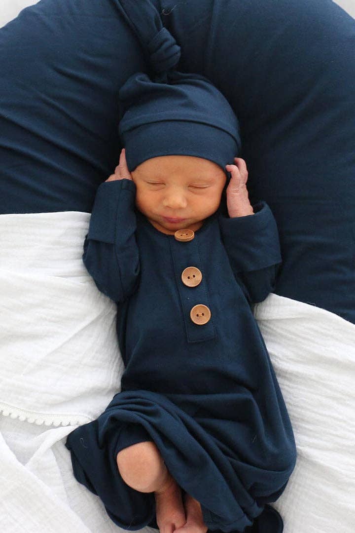 Solid Dark Navy Bamboo Baby Knot Gown & Hat