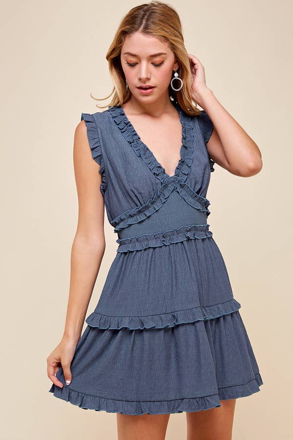 Sleeveless V Neck Ruffle Detail Dress
