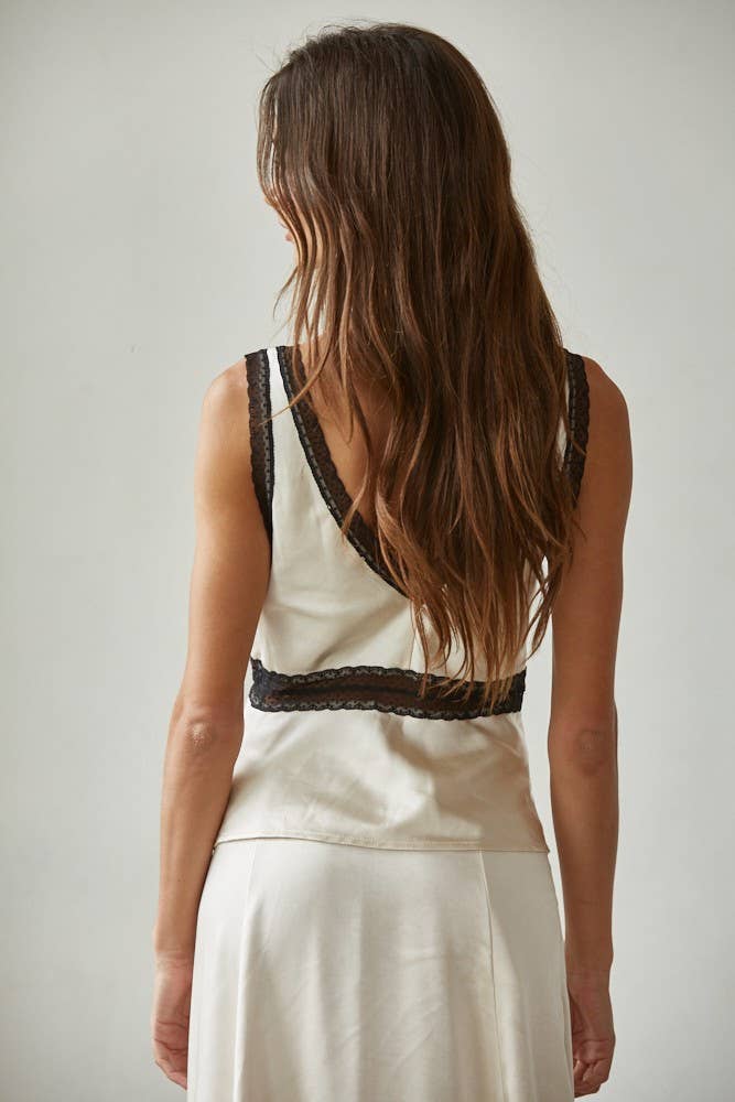 Woven Satin Contrast Lace Trim Detail Sleeveless Top