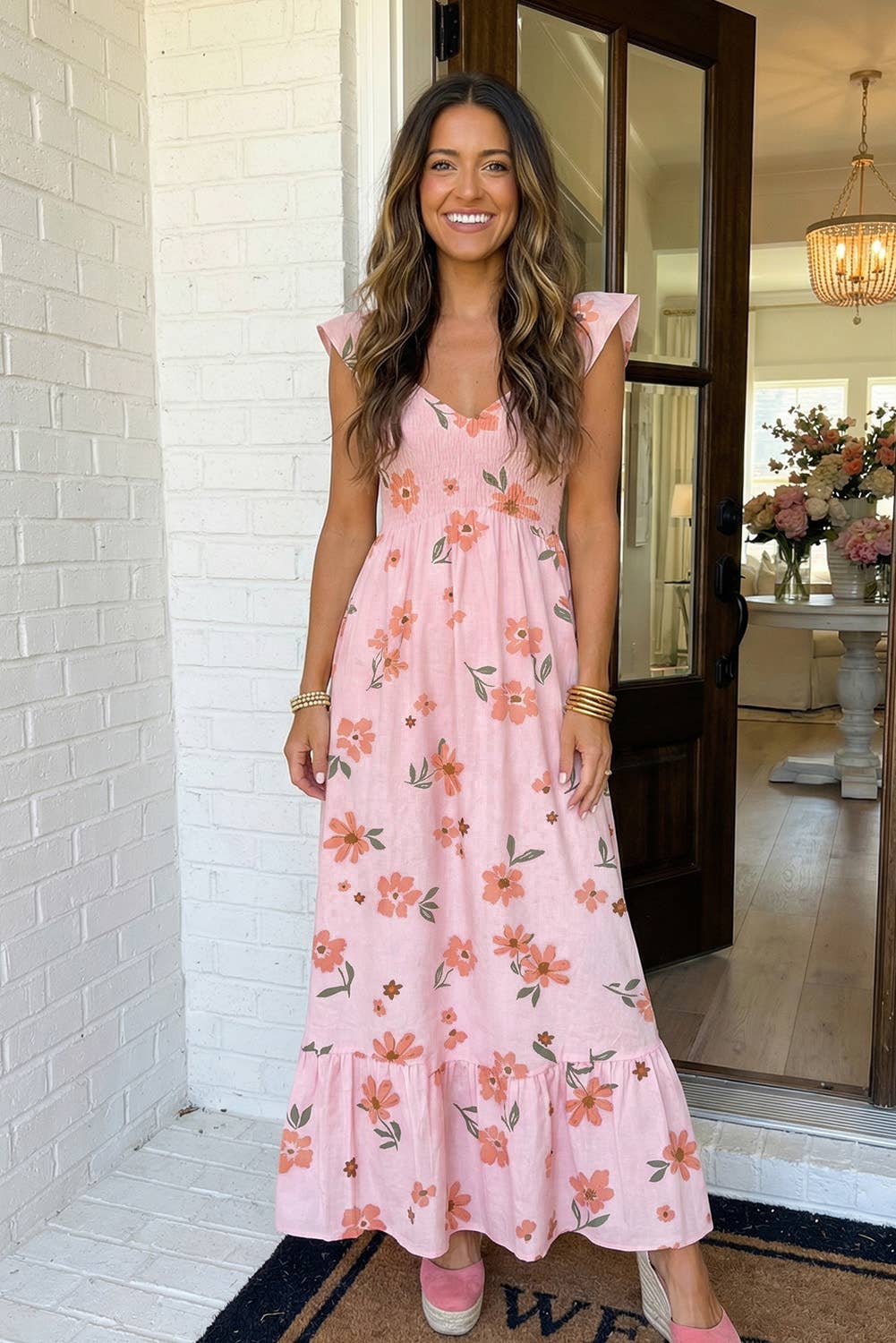 Floral Smocked High Waist Ruffle Hem Long Dress