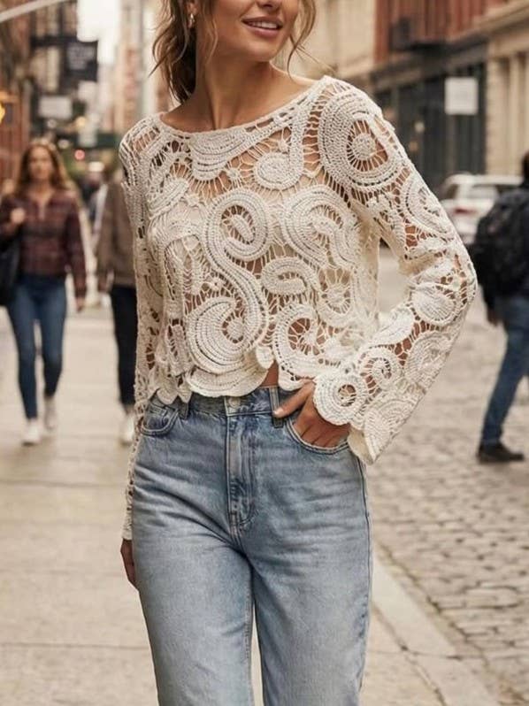 Women's Boho Crochet Lace Crop Top Long Sleeve Knit Blouse