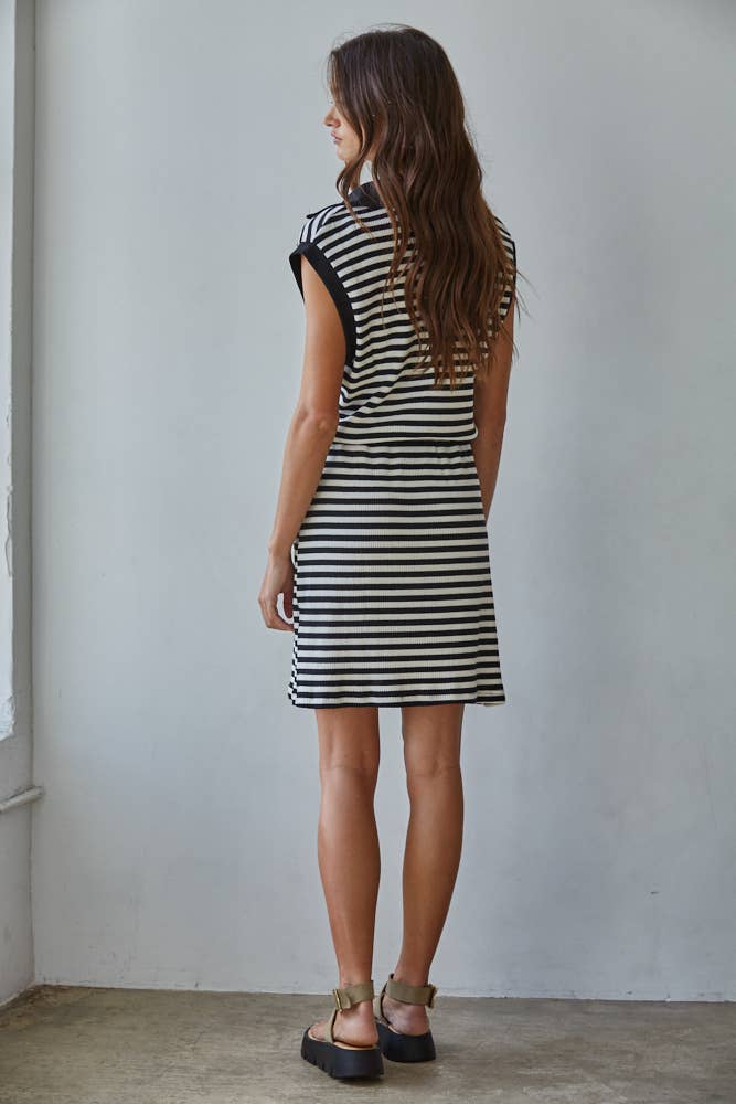 Knit Cotton Spandex Striped Ribbed V-Neck Polo Mini