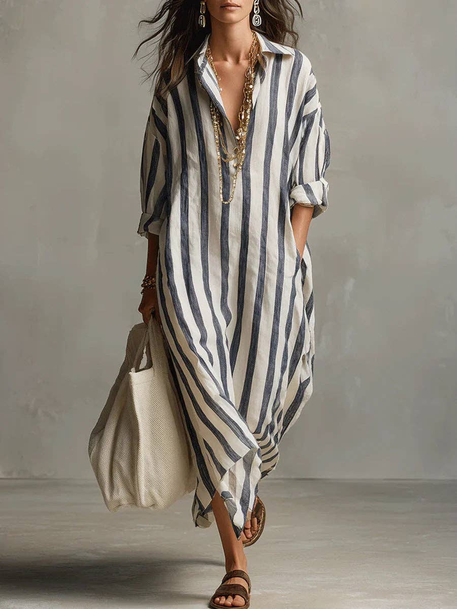 Fashionable Striped V-Neck Shirt Dress Casual Style