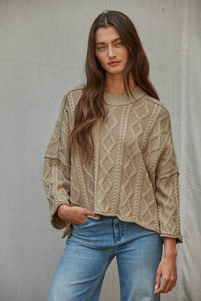Knit Cable Sweater Cotton 3/4 Sleeve Pullover