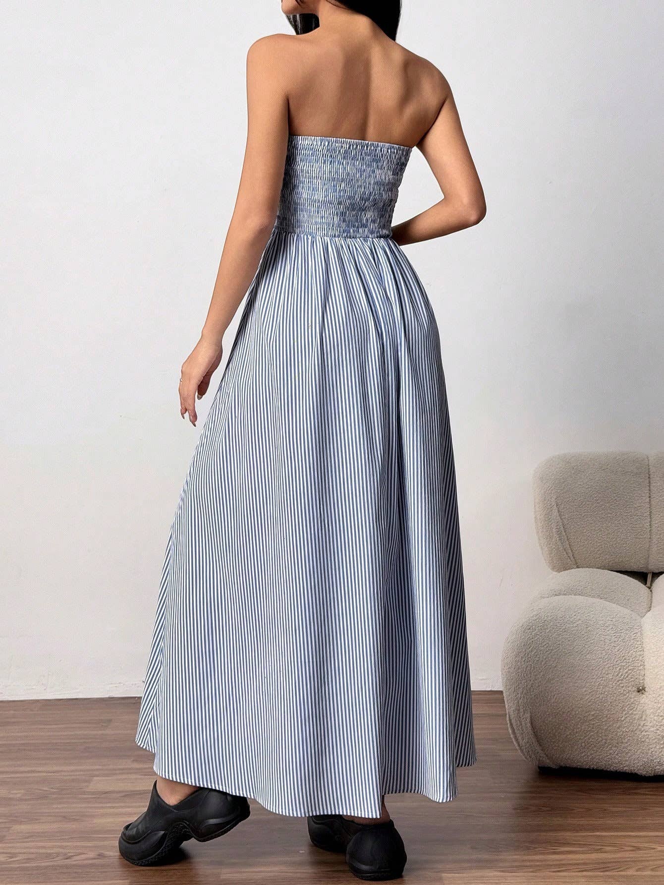 Effortless Vibe Pinstripe Strapless A-Line Skirt Maxi Dress