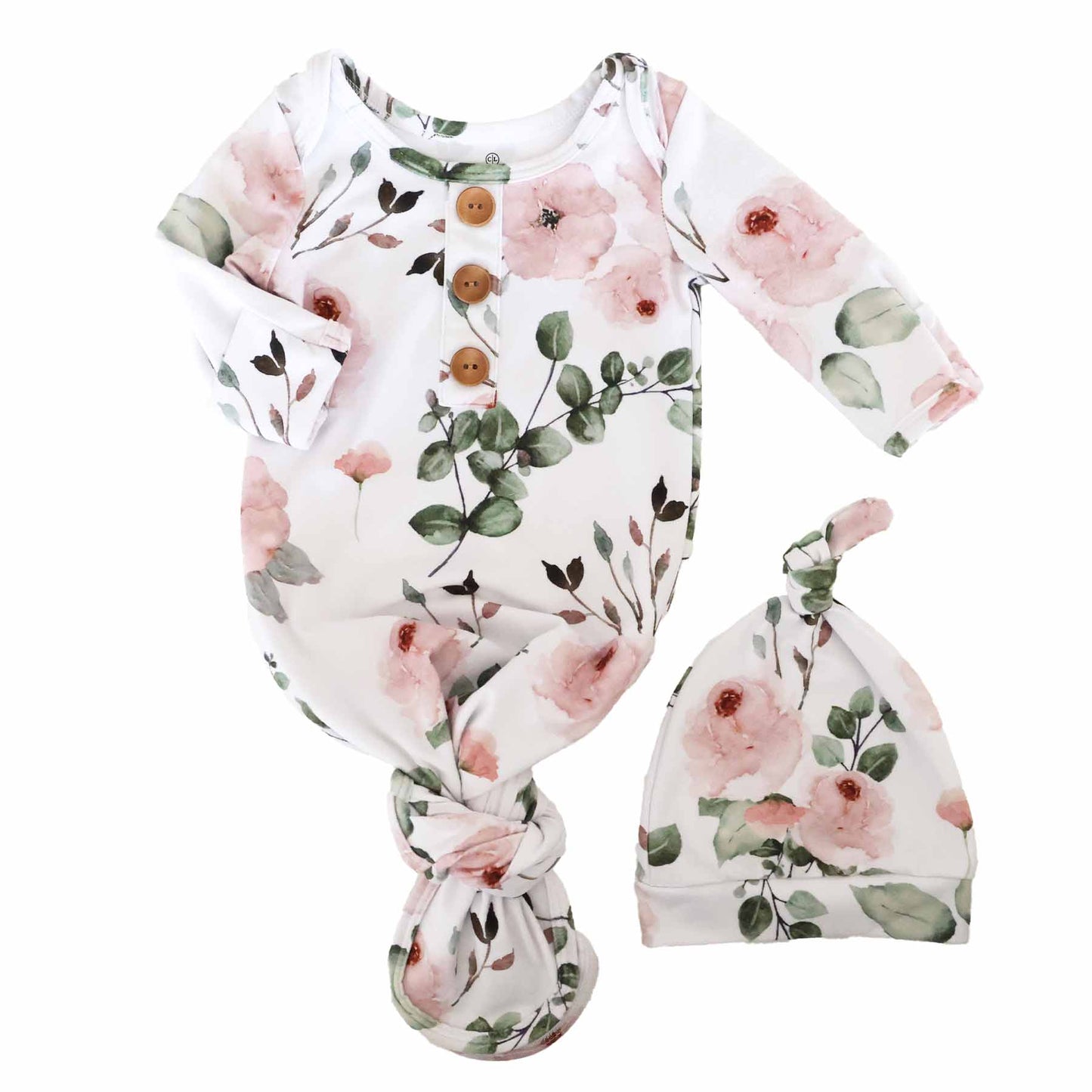 Millie's Dusty Rose Garden Newborn Baby Knot Gown & Hat Set