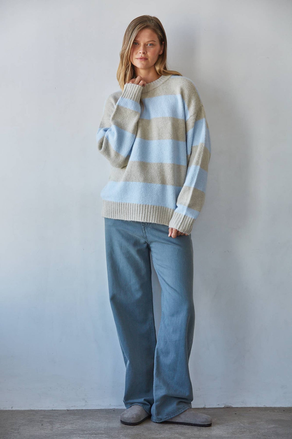 Knit Sweater Striped Round Neck Long Sleeve Pullover